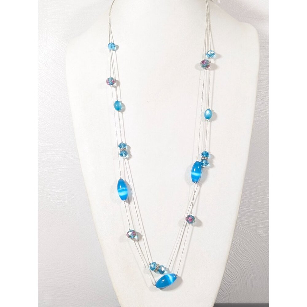 Croft & Barrow Blue Glass Cats Eye Pink Rose Flower Bead Multi Chain Necklace NE